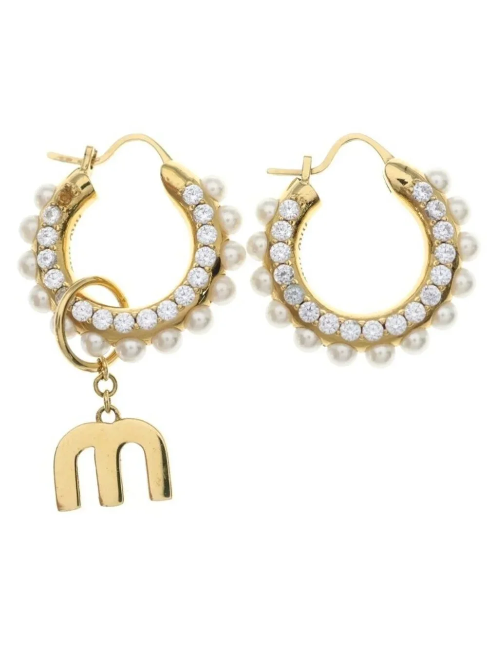 Miu Miu Rhinestone Pearl Hoop Drop Earrings White Gold